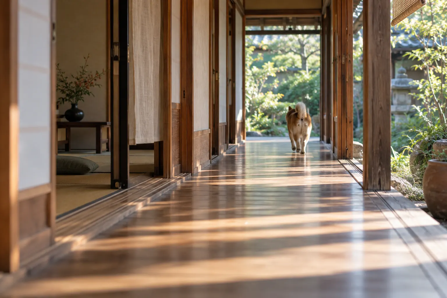 光の差す縁側を、柴犬が庭のほうへ歩いていく(イメージ)