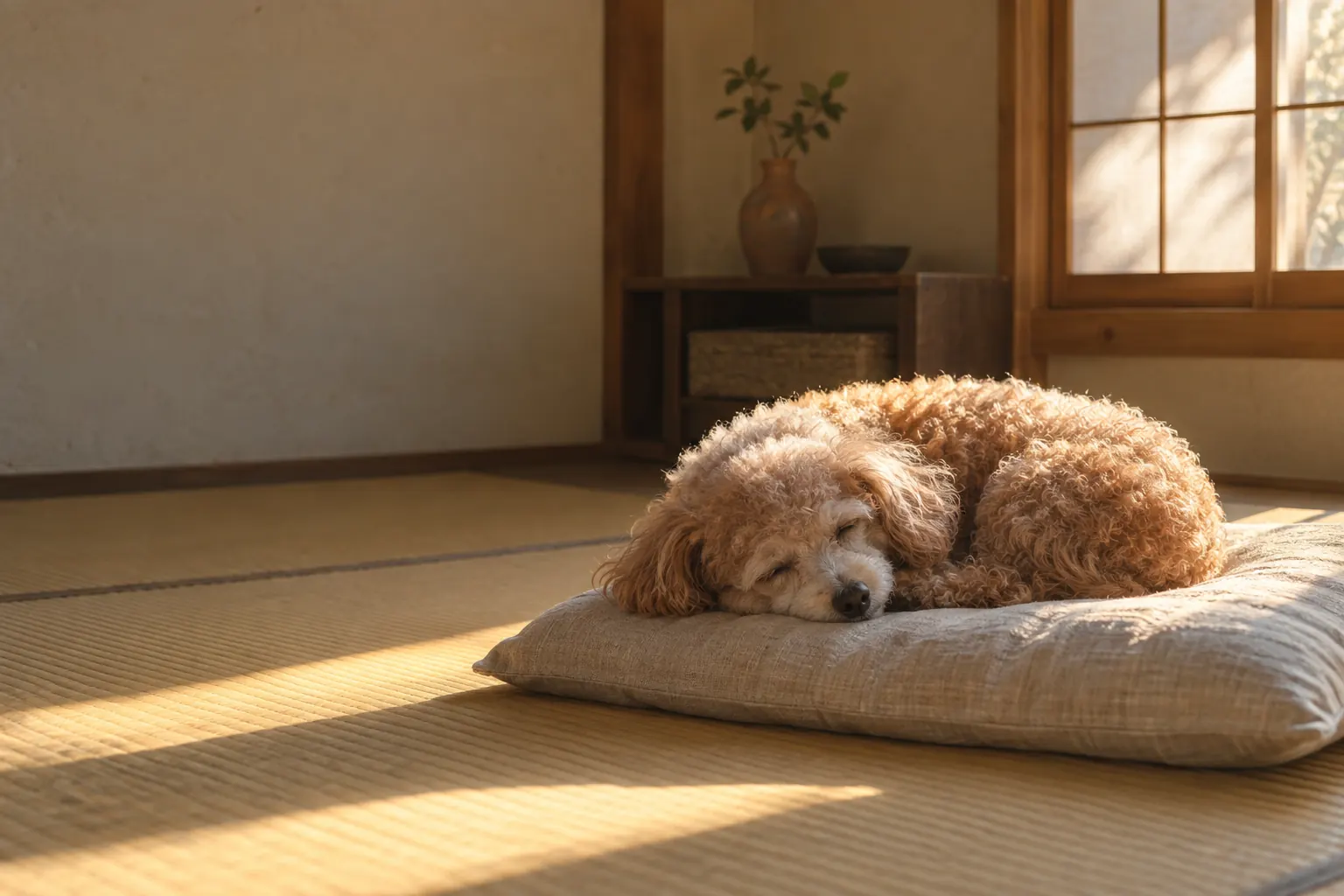 窓から差す夕方の光の中、座布団で眠るトイプードル(イメージ)