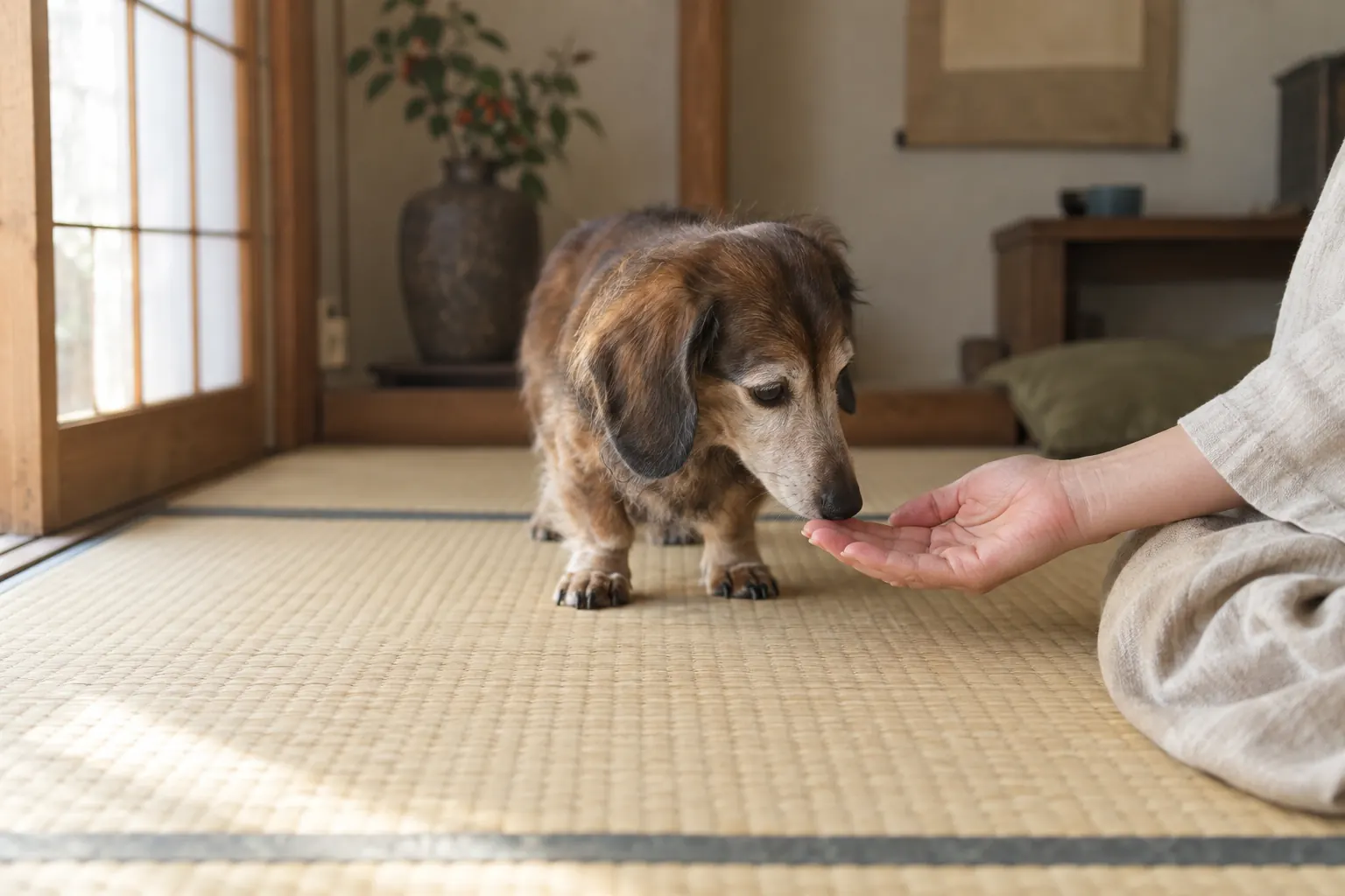 畳に置かれた手のひらに、年を重ねたダックスフンドが鼻を寄せている(イメージ)